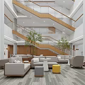 Hotel Lobby Modern Interior Design With Layered Ceiling Columns Sofas And Plants