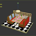 Red Booth Sofas Square Dining Table Black White Checkered Floor Wooden Screen Pendant Light Furniture