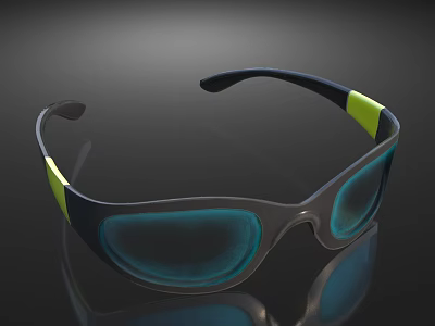 Black Frame Safety Goggles With Green Accents And Blue Protective Lenses 3d model
