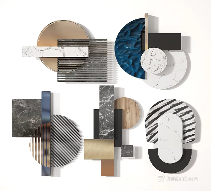 Modern Geometric Wall Decor With Marble Metal Wooden Elements And Abstract Patterns 3d model