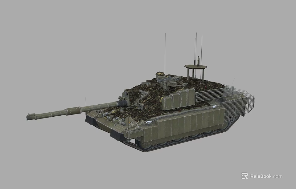 Military Camouflage Tank With Long Cannon Turret Antenna And Protective Cage 3d model 