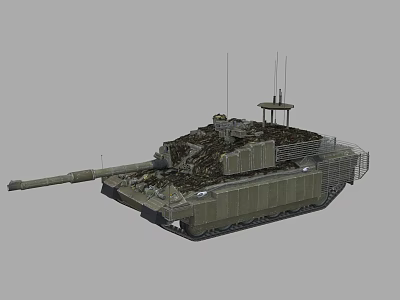 Military Camouflage Tank With Long Cannon Turret Antenna And Protective Cage 3d model