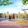 Outdoor Basketball Court With Players Playing Under Clear Sky And Trees 3d model