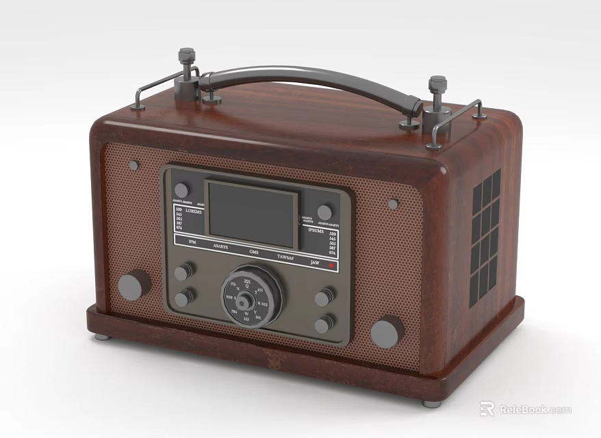 Vintage Entertainment Appliance Classic Wooden Radio With Handle Knobs And Display Screen 3d model 