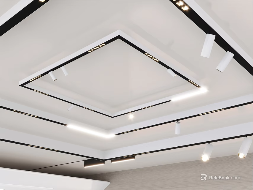 Modern Interior Ceiling Design With Recessed Downlights And Spotlights Lighting Layout 3d model 