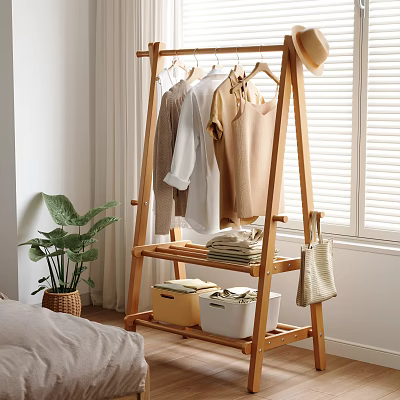 Wooden Clothes Rack With Hanging Clothes Storage Boxes Bag And Plant By Window Blinds 3d model