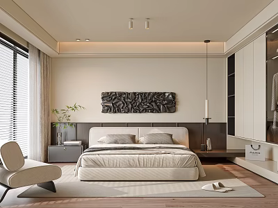 Modern Minimalist Bedroom Interior Design With Comfortable Bed And Decorative Wall Art 3d model