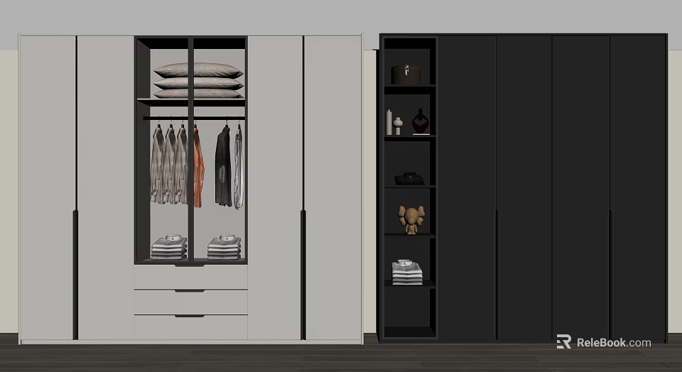 Modern Minimalist Wardrobe Design With Black White Hanging Space Folded Clothes Open Shelves And Decor 3d model 