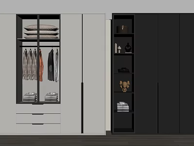 Modern Minimalist Wardrobe Design With Black White Hanging Space Folded Clothes Open Shelves And Decor 3d model