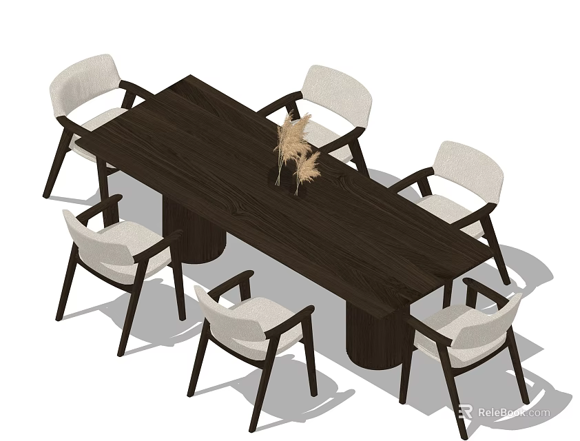 Dark Rectangular Dining Table Set With Six Light Cushioned Chairs And Dried Flower Centerpiece 3d model