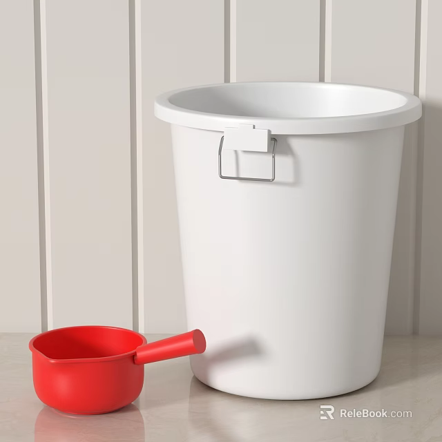 White Plastic Trash Bin With Red Small Shovel On Light Countertop Background 3d model