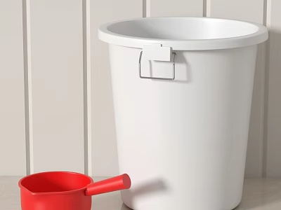 White Plastic Trash Bin With Red Small Shovel On Light Countertop Background 3d model