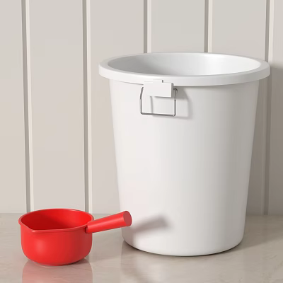 White Plastic Trash Bin With Red Small Shovel On Light Countertop Background 3d model