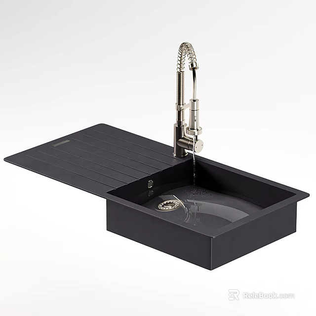 Black Square Kitchen Sink With Silver Pull Out Faucet And Integrated Countertop 3d model 