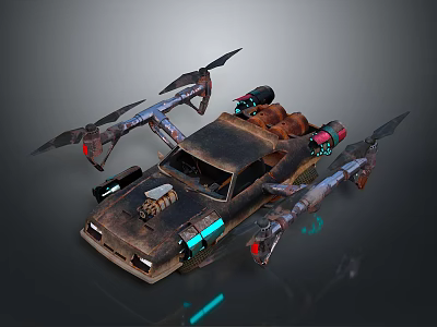Sci Fi Modified Vehicle With Rustic Exterior Mechanical Wings And Glowing Blue Lights 3d model