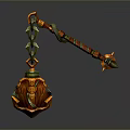 Decorative 3D Weapon With Orange Green Spherical Head And Ornate Staff Intricate Patterns