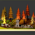 Colorful Paper Art Forest Scene With Yellow Orange Red Trees Small House And Wooden Tables