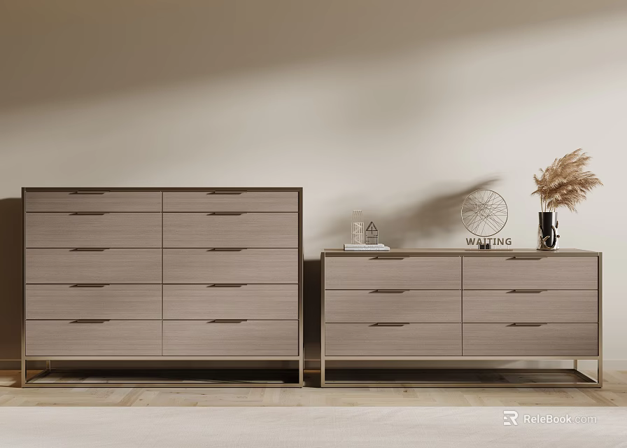 Modern Entryway Cabinet and Side Cabinet with Light Gray Wood and Metal Decorative Elements 3d model 