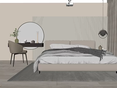 Modern Bedroom Interior With Double Bed Beige Frame Gray Blanket Round Mirror And Hanging Lamp 3d model