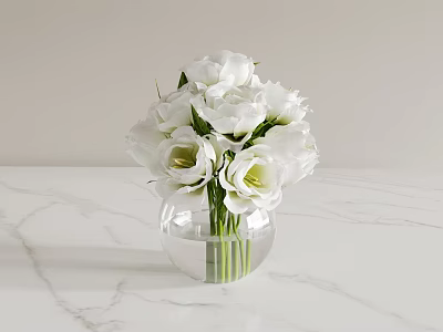 Elegant White Flowers Arrangement In Transparent Round Glass Vase On Marble Countertop 3d model