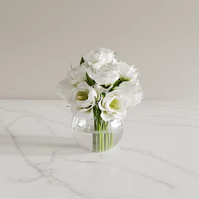 Elegant White Flowers Arrangement In Transparent Round Glass Vase On Marble Countertop 3d model