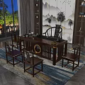 Elegant Traditional Tea Room With Wooden Tea Table Chairs Landscape Painting Bookshelves And Green Plants