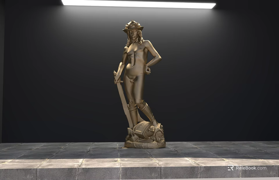 Detailed Human Sculpture Carving Holding Sword Standing On Stone Platform Under Bright Lighting 3d model 