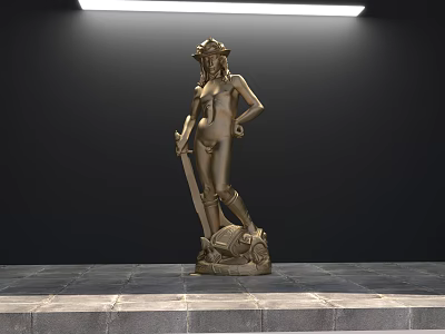 Detailed Human Sculpture Carving Holding Sword Standing On Stone Platform Under Bright Lighting 3d model