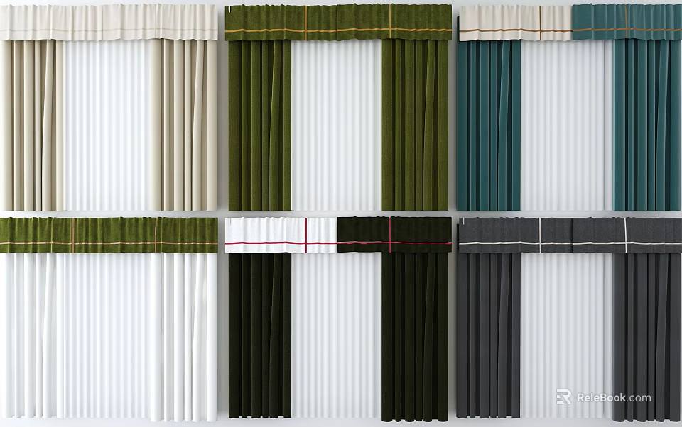 Various Colored Curtains With Valances And Double Layer Design For Home Decor 3d model 
