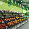 Supermarket Interior with Fresh Fruit Vegetable Shelves Shopping Cart Balloons and Customers