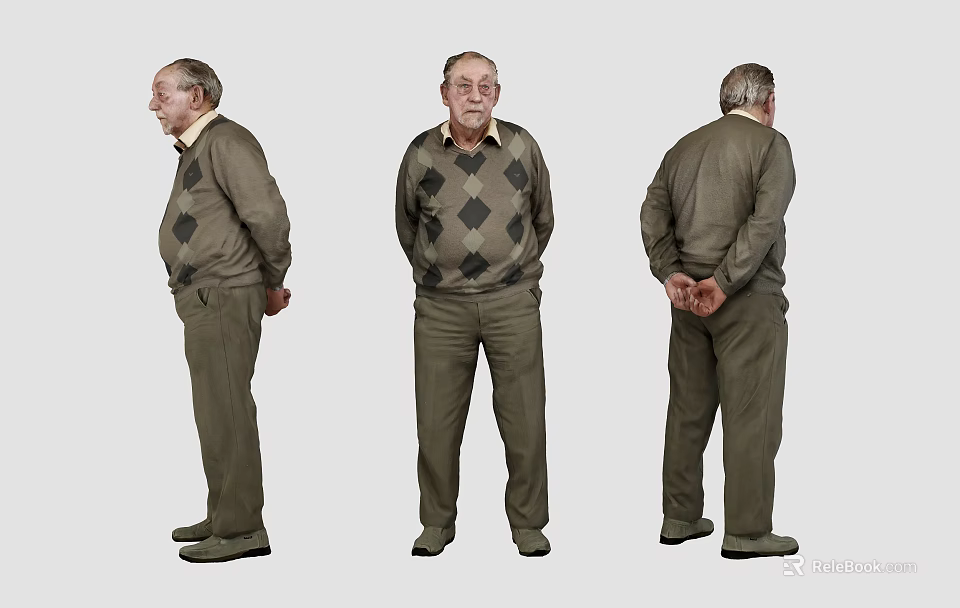 Elderly Man in Argyle Sweater Brown Trousers Hands Behind Back Three Quarter Front Back Views 3d model 