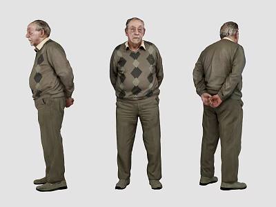 Elderly Man in Argyle Sweater Brown Trousers Hands Behind Back Three Quarter Front Back Views 3d model