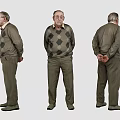Elderly Man in Argyle Sweater Brown Trousers Hands Behind Back Three Quarter Front Back Views 3d model
