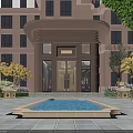 Modern Apartment Building Entrance Gate With Glass Structure Stone Steps And Greenery