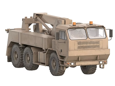 Sand Colored Military Style Heavy Duty Truck With Crane And Orange Warning Lights 3d model