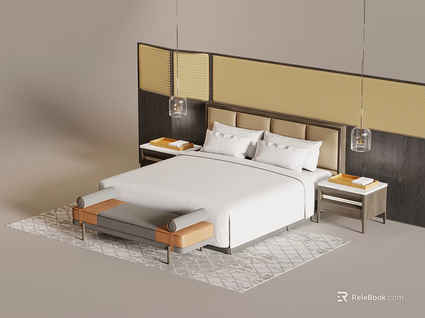 Modern Bedroom Interior With Large Bed White Bedding Nightstands Bench And Pendant Lights 3d model 