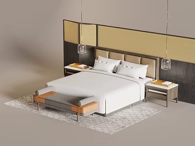 Modern Bedroom Interior With Large Bed White Bedding Nightstands Bench And Pendant Lights 3d model