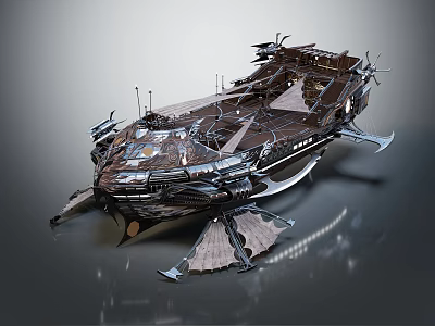 Weathered Retro Futuristic Mechanical Structure With Metallic Wings And Intricate Design 3d model