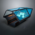 Modern Interactive Console With Transparent Glass Top And Blue Digital Interface