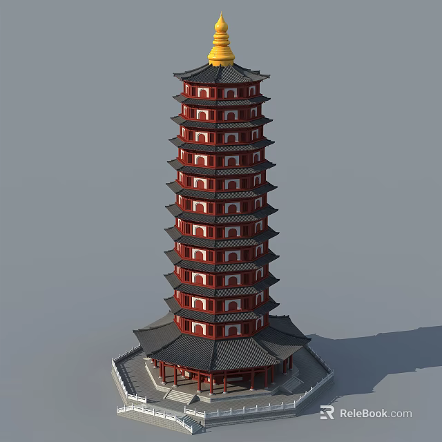 Traditional Chinese Pagoda With Multiple Red Tiers Golden Top And Black Eaves 3d model 