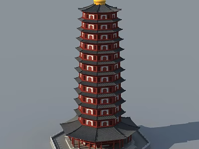 Traditional Chinese Pagoda With Multiple Red Tiers Golden Top And Black Eaves 3d model