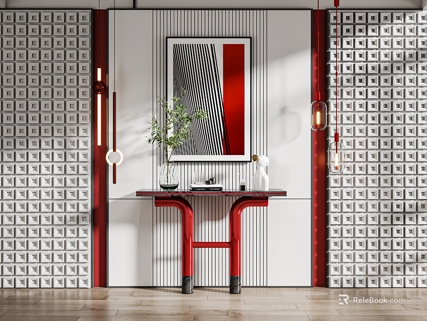 Elegant Modern Console Table With Red Geometric Patterns Decorative Painting Green Plant And Wooden Floor 3d model 
