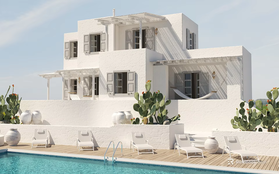 Modern Garden Landscape Featuring White Building Pool Lounge Chairs And Cactus Plants 3d model 