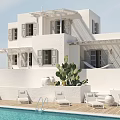 Modern Garden Landscape Featuring White Building Pool Lounge Chairs And Cactus Plants