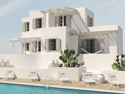 Modern Garden Landscape Featuring White Building Pool Lounge Chairs And Cactus Plants 3d model