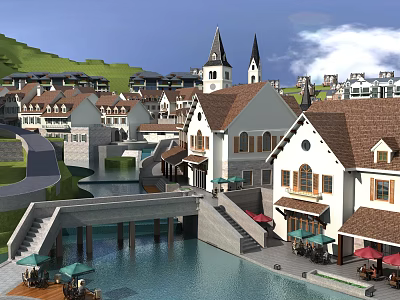 Aerial Planning of Resort Town with European Architecture River Bridge and Green Spaces 3d model