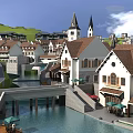 Aerial Planning of Resort Town with European Architecture River Bridge and Green Spaces