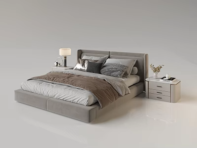 Modern Double Bed with Gray Headboard Pillows Blanket and Nightstands with Lamp Vase 3d model