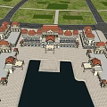 Grand Hotel Building With Red Roofs White Exterior Spacious Square Water Area And Mountain View