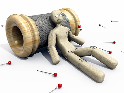 Handmade Cloth Doll Lying Next To Wooden Spool With Red Pins 3d model